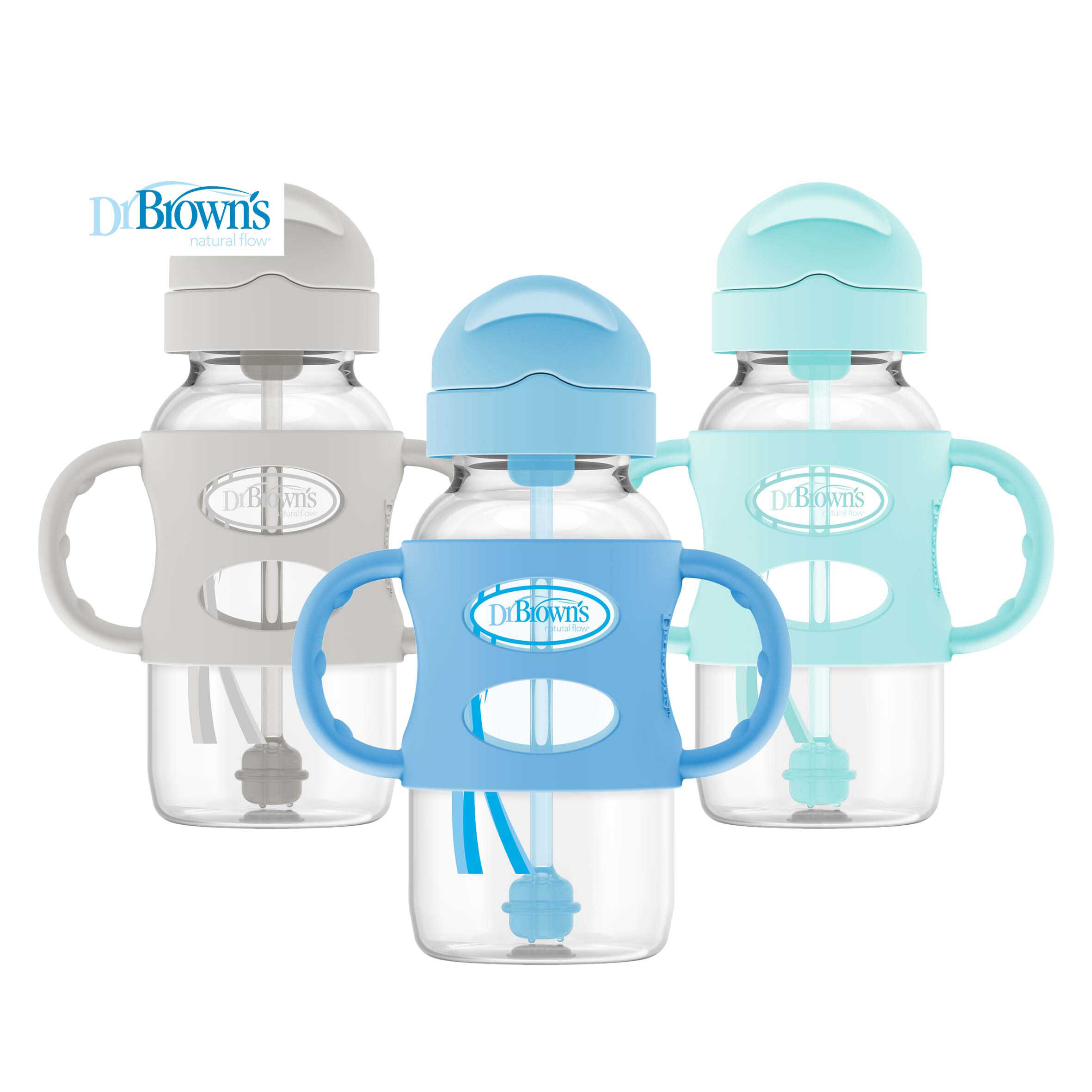 Dr Brown \'s 270ml PP Wide Sippy Straw Bottle w/Silicone Handles (Blue/Green/Grey)